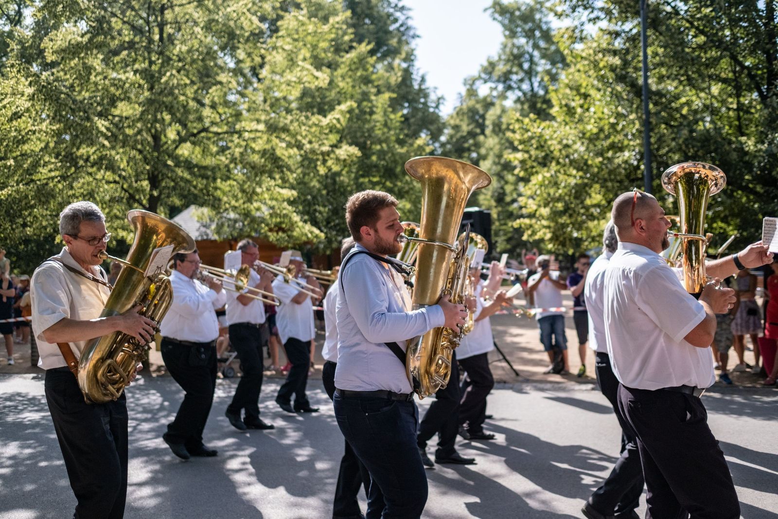 Banda de música com tubas e trombones desfilando em uma avenida arborizada